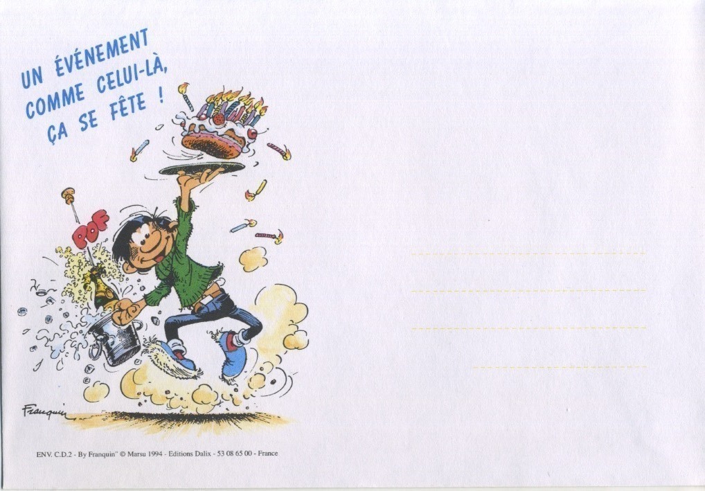 Gaston Lagaffe Grußkarte - Bonne Fête Mit Blumenstrauß-Motiv, Doppelkarte Mit Illustriertem Umschlag