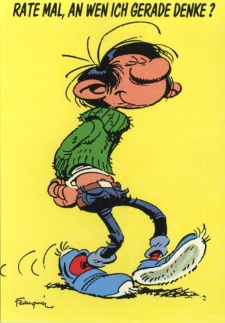 Gaston lagaffe : Carte postale : Rate mal, an wen ich gerade denke ! (en allemand)