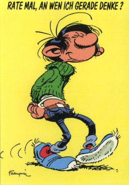 Gaston lagaffe : Carte postale : Rate mal, an wen ich gerade denke ! (en allemand)