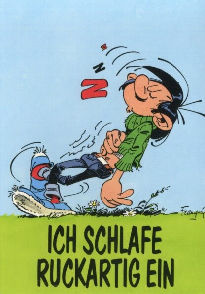 Gaston lagaffe : Carte postale : Ich schlafe ruckartig ein (en allemand)