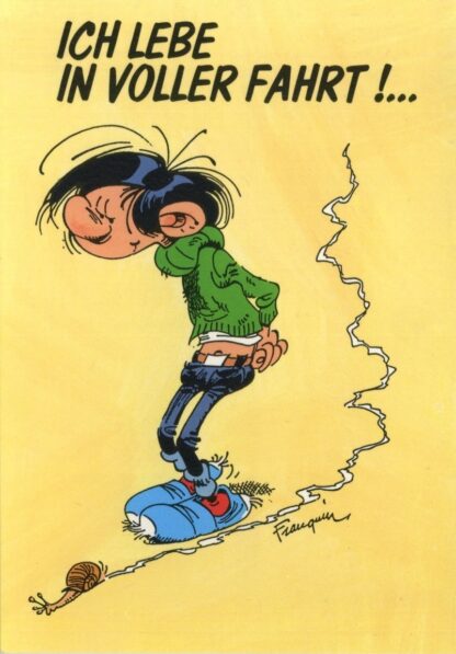 Gaston lagaffe : Carte postale : Ich lebe in voller fahrt ! (en allemand)