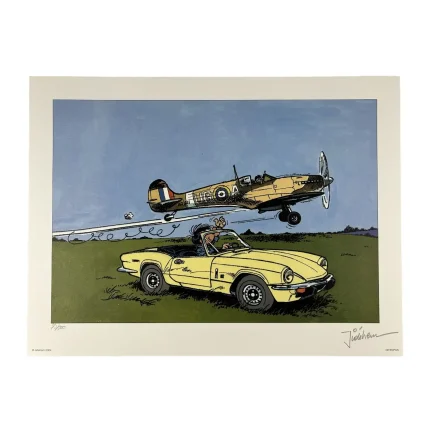 Jidehem, Starter, Affiche offset signée, Triumph et Spitfire