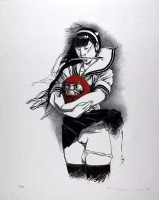 Kogaratsu-Affiche-offset-signée-Fille-avec-un-daruma-Par-Michetz