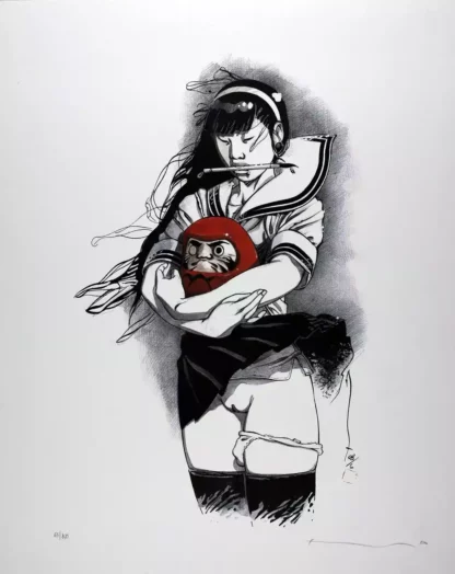 Kogaratsu-Affiche-offset-signée-Fille-avec-un-daruma-Par-Michetz