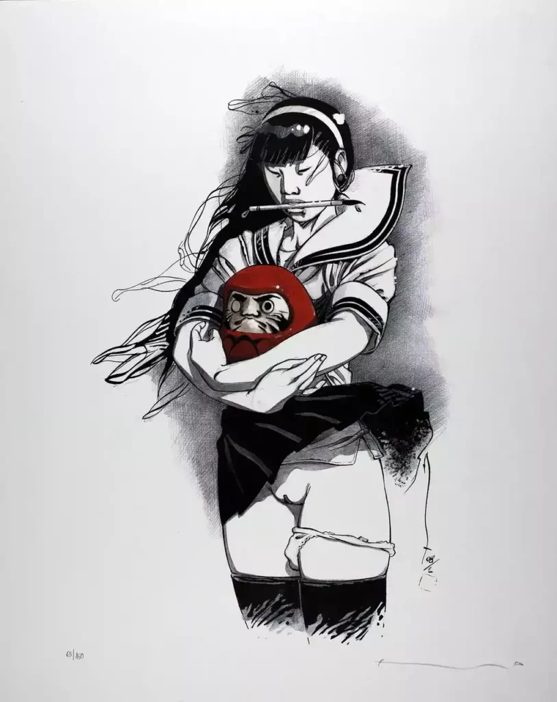 Kogaratsu-Affiche-offset-signée-Fille-avec-un-daruma-Par-Michetz