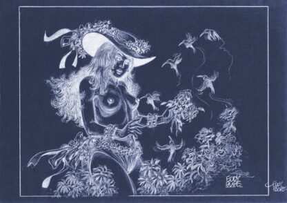 Luc Orient, Eddy Paape, Affiche offset signée, Laura, fleurs et oiseaux (fond bleu)