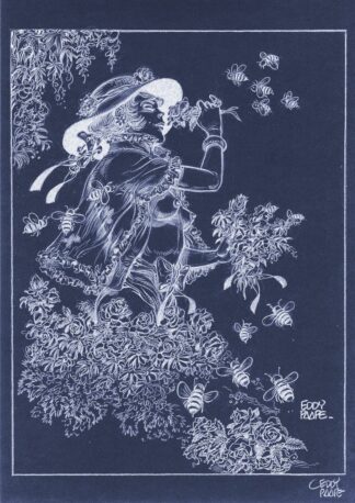 Luc Orient, Eddy Paape, Affiche offset signée, Laura, fleurs et abeilles (fond bleu)
