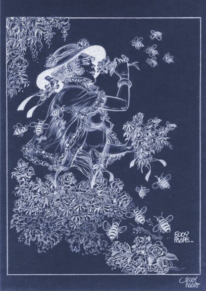 Luc Orient, Eddy Paape, Affiche offset signée, Laura, fleurs et abeilles (fond bleu)