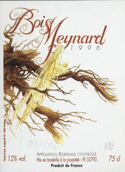 Ledroit, Etiquette de vin signée, Fée sur branche, Bois Meynard, 1996