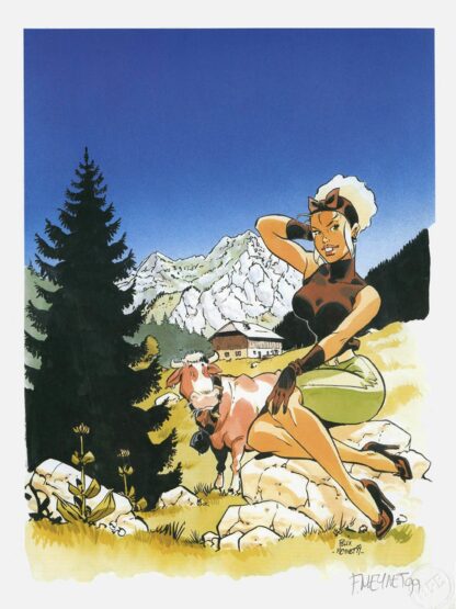 Meynet : Affiche offset signée : Mirabelle dans les alpages