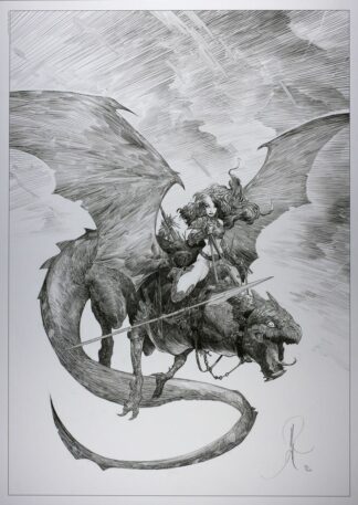 Varanda : Affiche numérotée et signée Guerrière chevauchant un dragon