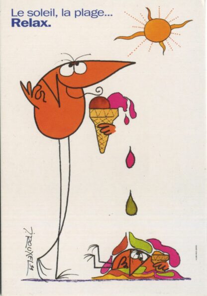 Les Shadoks pour Peugeot : 'Le soleil, la plage... Relax.' Carte publicitaire