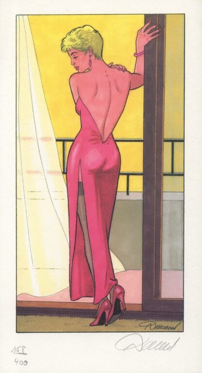 Renaud, Jessica Blandy, Ex-libris offset signé, Robe rose de dos à la fenêtre