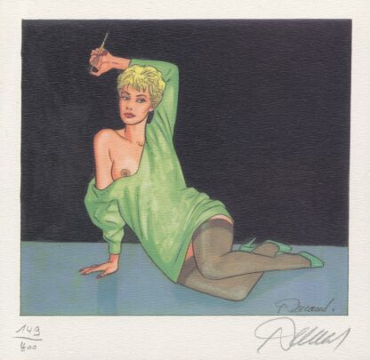 Renaud, Jessica Blandy, Ex-libris offset signé, Assise robe verte avec fume-cigarette