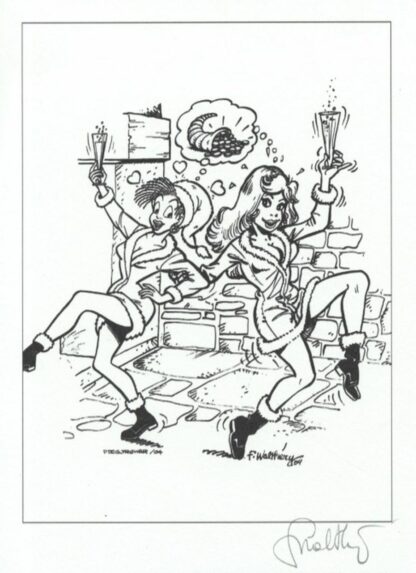 Walthery, Ex-libris offset signé, 2 Pin-up fêtent Noël