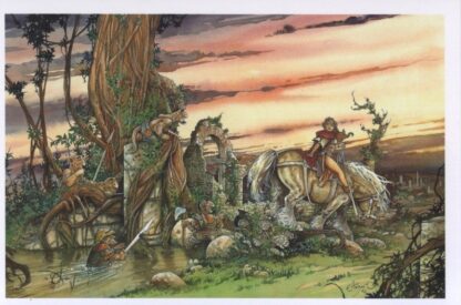 Cavalière suivie par des gnomes en forêt