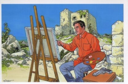 Vallès, Carte postale, Peintre dans décor montagneux