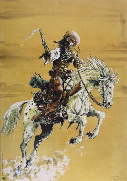 Tiburce, La piste des Ombres, Affiche offset signée, A cheval (ciel jaune)