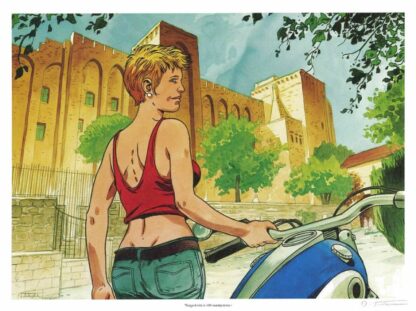 Falque, Ex-libris offset signé, Femme et moto