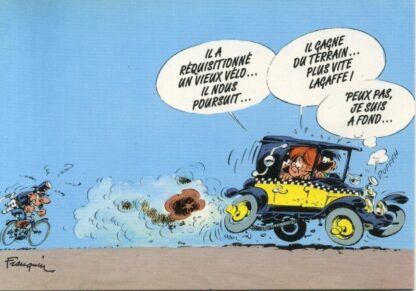 Gaston Lagaffe : Carte postale : Il a réquisitionné un vieux vélo... Il nous poursuit...
