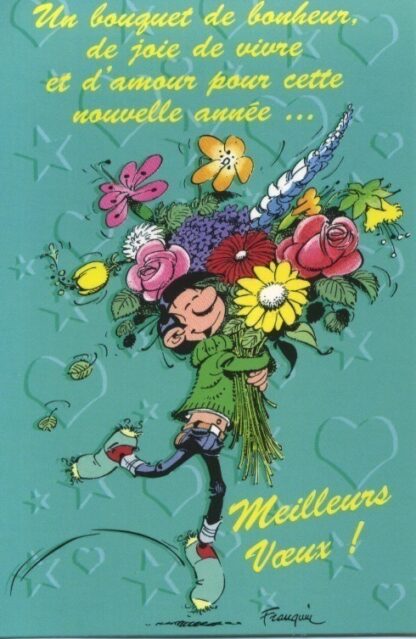 Gaston Lagaffe, Carte postale, Meilleurs Voeux ! Un bouquet de bonheur, de joie de vivre et d'amour pour cette nouvelle année...