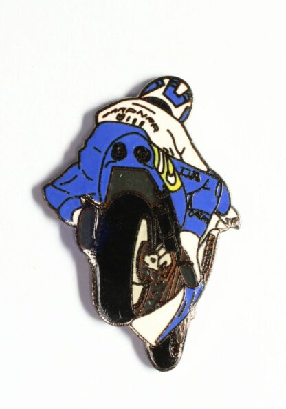 Pin's, Démons & Merveilles, Moto de course, blanche et bleu vue dos