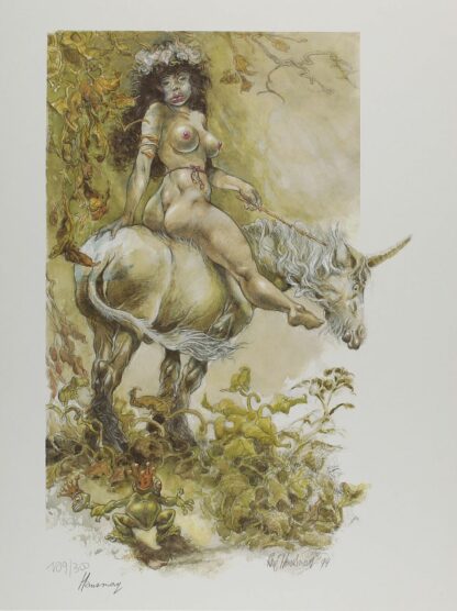 Hausman, Affiche offset signée, Femme sur Licorne