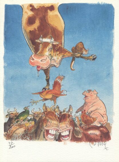 Boucq, Jérome Moucherot, Ex-libris offset signé, la vache funambule