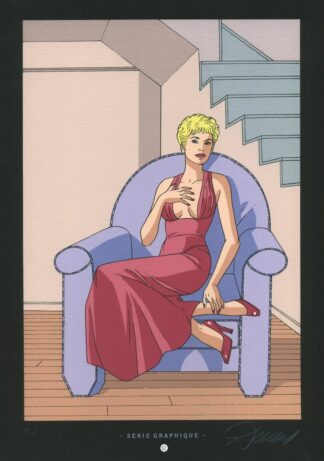 Renaud, Ex-libris sérigraphié signé, Jessica Blandy Assise dans un fauteuil