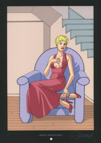 Renaud, Ex-libris sérigraphié signé, Jessica Blandy Assise dans un fauteuil