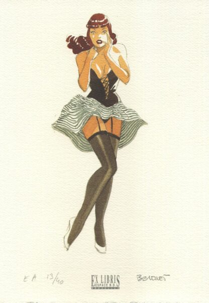 Berthet, Pin-up, Ex-libris offset signé, Dottie robe rayures vertes