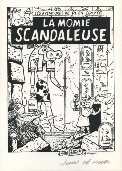Johan De Moor, La Vache, Ex-libris sérigraphié signé, La momie scandaleuse (noir et blanc)