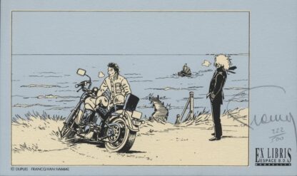 Francq, Largo Winch, Ex-libris sérigraphie signé, Moto sur la plage