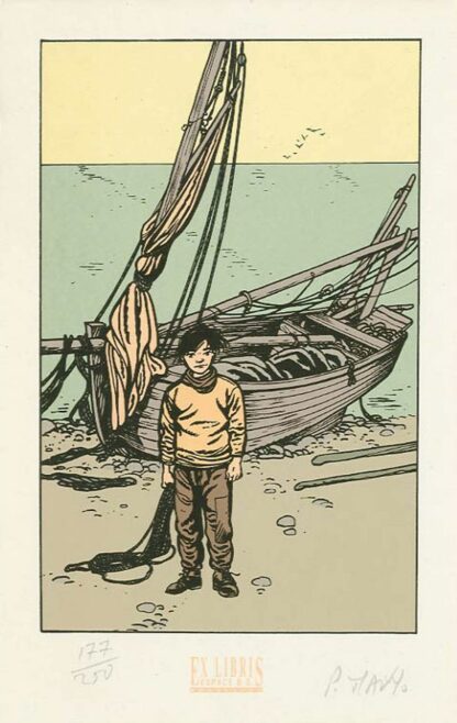 Makyo, Le coeur en Islande, Ex-libris sérigraphié signé, Barque sur la plage