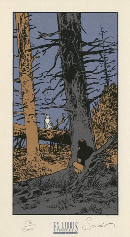 Servain, L'esprit de Warren, Ex-libris sérigraphié signé, Homme et chat blanc