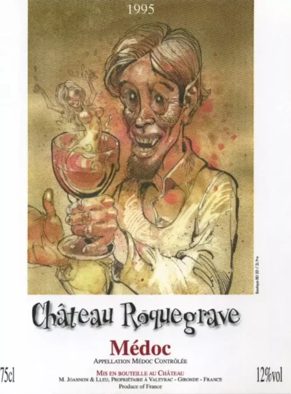 Étiquette Château Rôquegrave 1995 pin-up sortant du verre