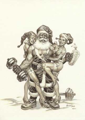 Guenet, Ex-libris offset, Père Noël culturiste version en noir et blanc