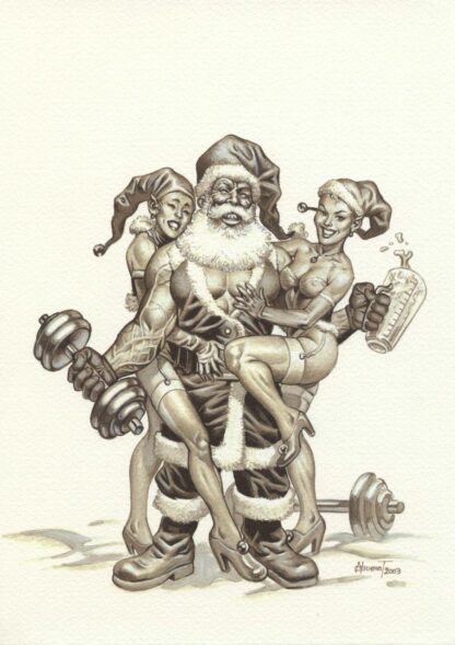 Guenet, Ex-libris offset, Père Noël culturiste version en noir et blanc