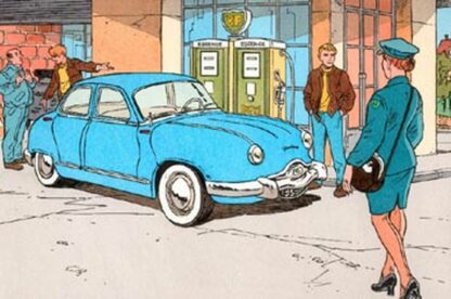 Kraehn, Aquarelle signée, Hommage à Valhardi, Dyna Panhard 54 bleue