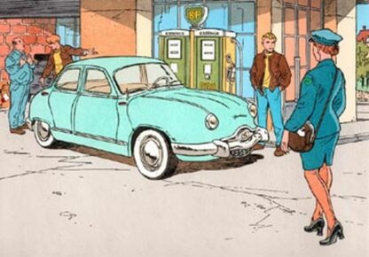 Kraehn, Aquarelle signée , Hommage à Valhardi, Dyna Panhard 54 verte