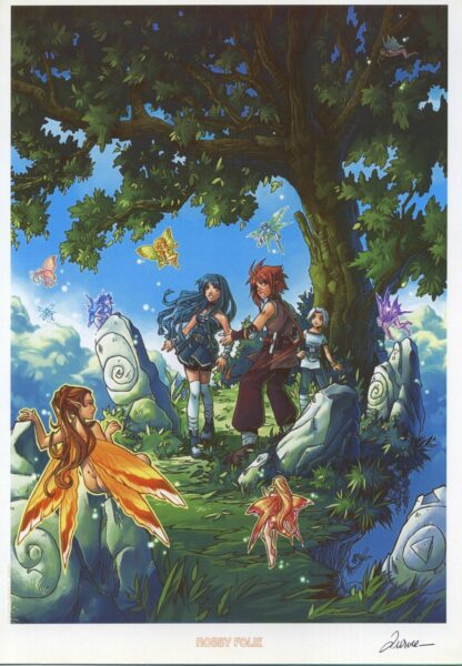 Aurore, Mariolle, Pixie, Ex-libris offset signé, Arbre, personnages et fées