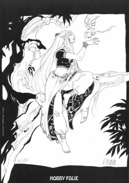 Corbeyran, Picard, Weëna, Ex-libris offset signé, Femme et bébé dragon volant