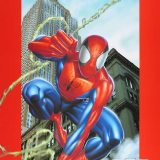 Spiderman Ultimate Affiche vintage (2002) en vol entre les immeubles