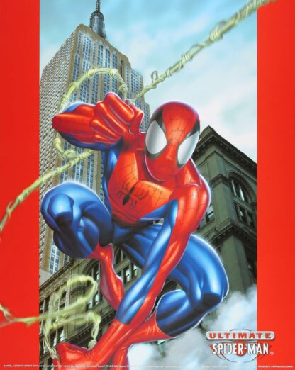 Spiderman Ultimate Affiche vintage (2002) en vol entre les immeubles