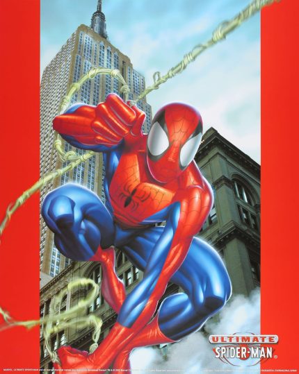 Spiderman Ultimate Affiche vintage (2002) en vol entre les immeubles
