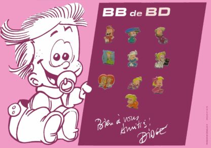 Bd de BB, Didgé, Pin's, Assortiment de 10 pièces sur plaque au couleur des Bd de BB