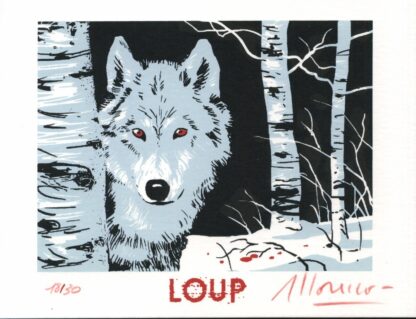 Moreno, Loup, Ex-libris sérigraphié signé, Loup dans la forêt