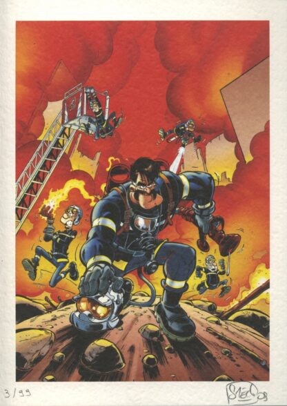 Stédo, Les Pompiers, Ex-libris offset signé, Au feu