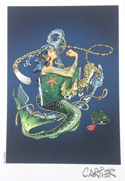 Sirène : Ex-libris offset signé par Cartier