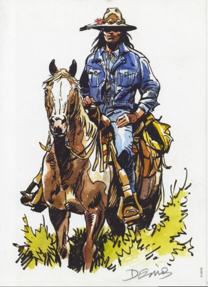 Buddy Longway : Derib : Ex-libris offset signé : Indien à cheval